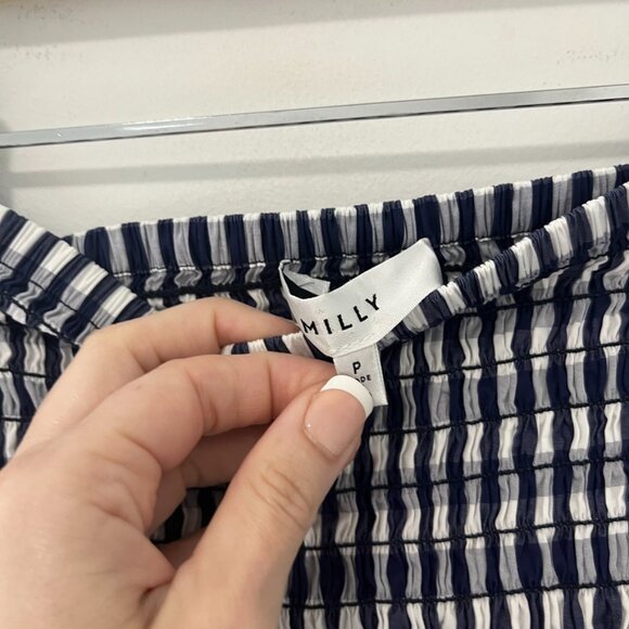Milly Dark Blue & White Gingham Print Smocked Off the Shoulder Blouse Size Small - Picture 4 of 7